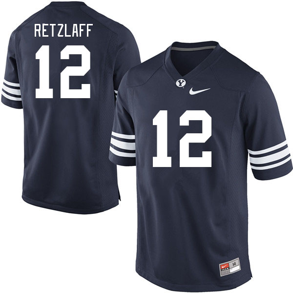 Men #12 Jake Retzlaff BYU Cougars College Football Jerseys Stitched-Navy - Click Image to Close